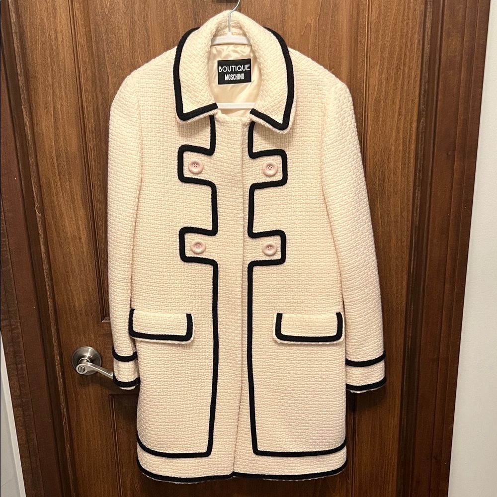 Moschino Cream Wool Coat with Black Trim